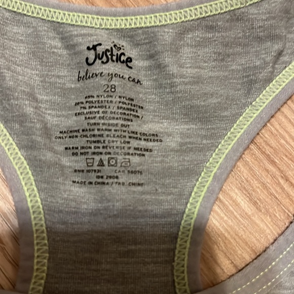 4/$20 Justice Heather, Gray, yellow accent, justice symbol, Razorback sports bra - Picture 2 of 3